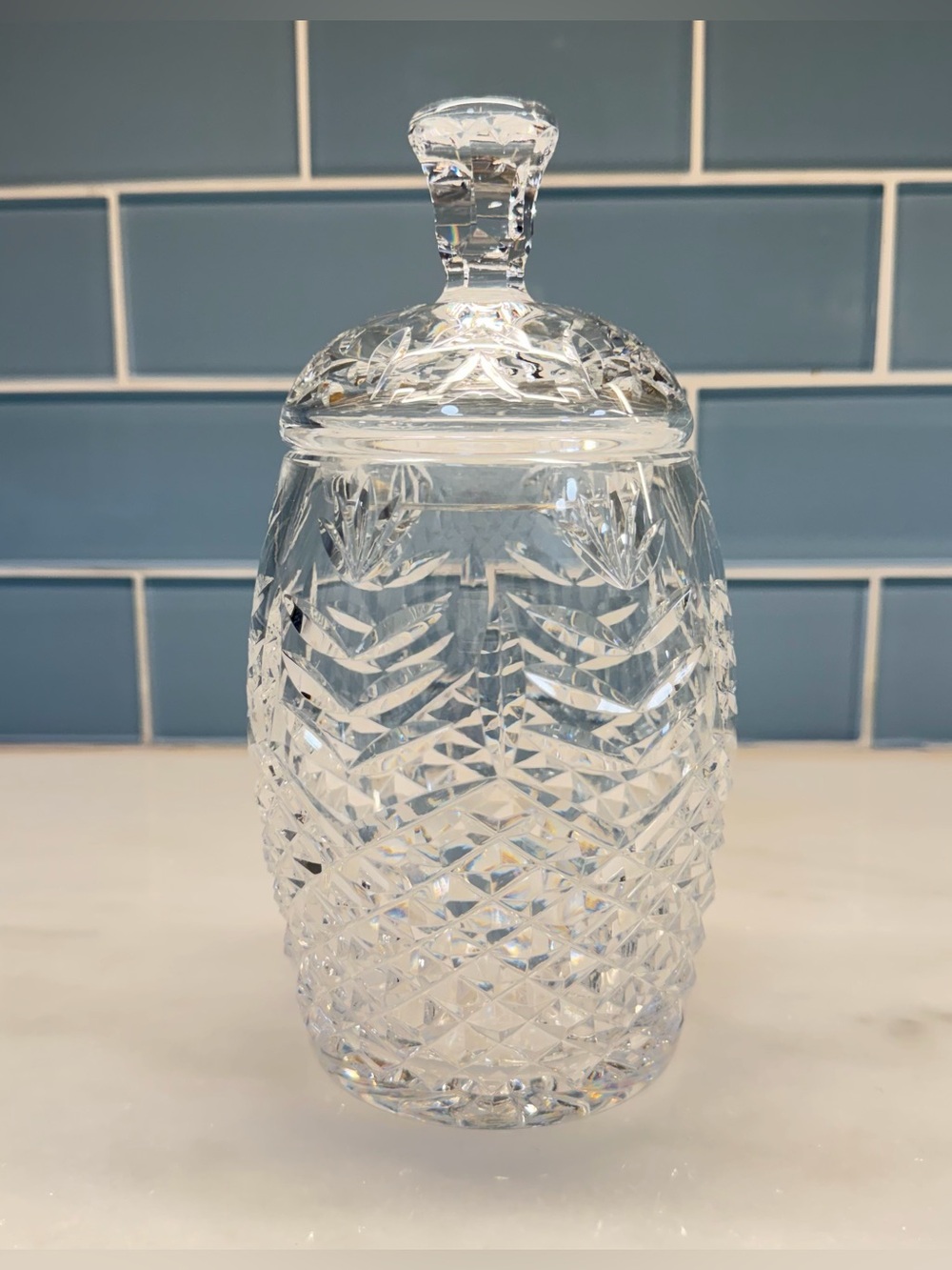 Waterford Crystal Cut Glass Biscuit Barrel Candy Jar With Lid 8” Ireland